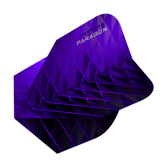 Das Bild zeigt das Produkt "Harrows Paragon Purple No2 Standard Flights". Die Dart-Flights sind in einem auffälligen lila Farbton mit geometrischem Muster gestaltet.