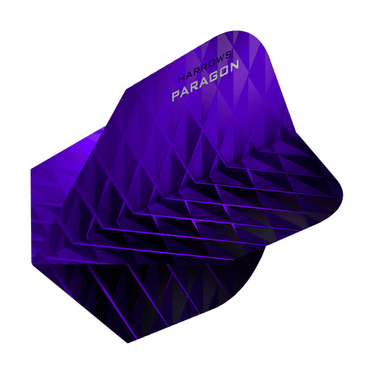 HR7603_Harrows_Paragon_Purple_No2_Standard_Flights_2 Das Bild zeigt das Produkt "Harrows Paragon Purple No2 Standard Flights". Die Dart-Flights sind in einem auffälligen lila Farbton mit geometrischem Muster gestaltet.
