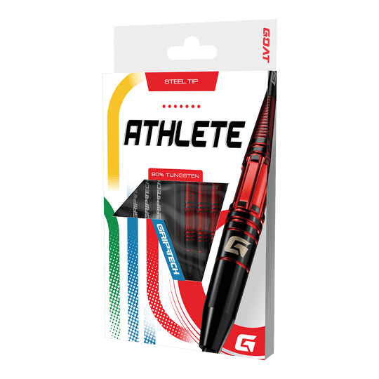 GOAT Athlete Red Tungsten Steel Darts Auf dem Bild sind die GOAT Athlete Red Tungsten Steeldarts zu sehen. Sie zeichnen sich durch ein sportliches Aussehen aus.