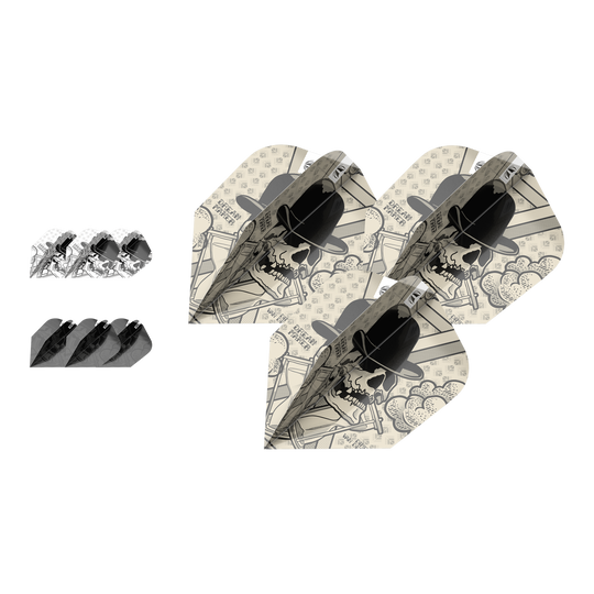 Target Ink Bundle 3 Sets Dimitri Van Den Bergh Ten-X Flights Das Bild zeigt drei Sets von Dartflights mit einem Totenkopf-Design und Hut. Die Flights gehören zum Produkt "Target Ink Bundle 3 Sets Dimitri Van Den Bergh Ten-X Flights".