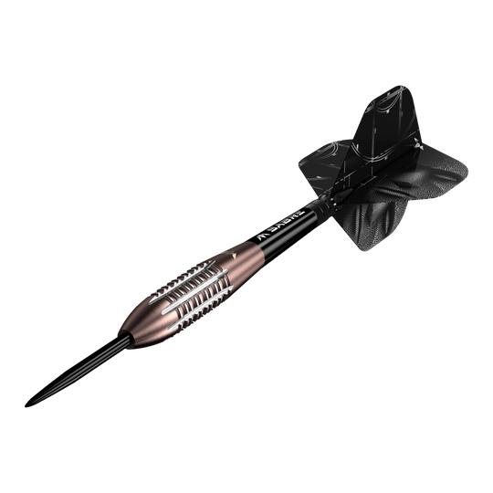 Das Foto präsentiert die Mission Arkitekt Bronze Silika PVD Steeldarts, Gewicht 23,5g. Das Produktdesign hebt die bronzefarbene Beschichtung hervor.