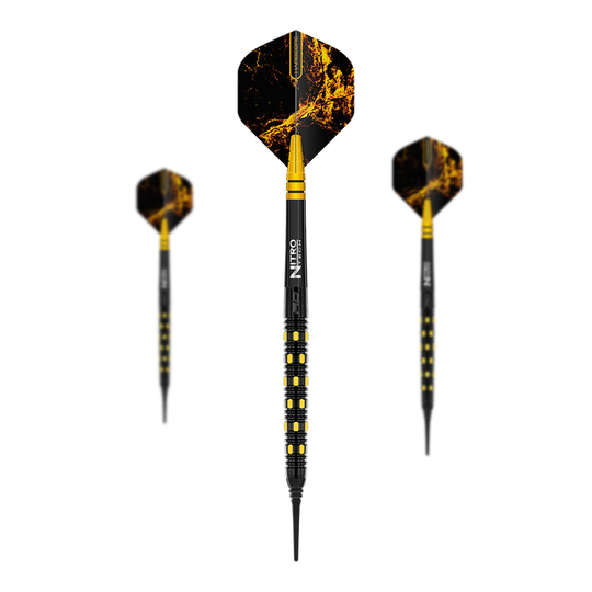Das Bild zeigt drei Softdarts des Modells "Red Dragon Nirvana Softdarts - 20g". Die Darts haben ein auffälliges schwarzes und gelbes Design mit einer markanten Musterung auf den Flights.