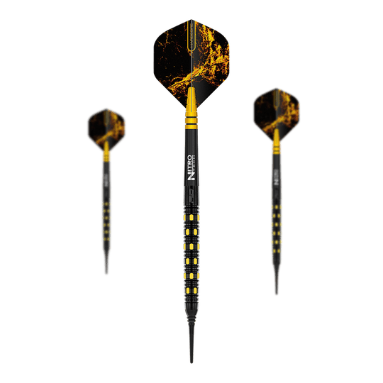 Red Dragon Nirvana soft darts - 20g Das Bild zeigt drei Softdarts des Modells "Red Dragon Nirvana Softdarts - 20g". Die Darts haben ein auffälliges schwarzes und gelbes Design mit einer markanten Musterung auf den Flights.