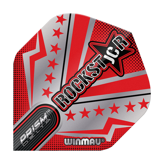 Winmau Prism Delta Joe Cullen Rockstar Series No2 Standard Flights Das Bild zeigt ein Dartflight mit auffälligem roten und silbernen Design und mehreren Sternen. In der Mitte steht groß das Wort „ROCKSTAR“ neben einem Stern, darunter befinden sich die Markenaufschriften „PRISM DELTA“ und „WINMAU“.