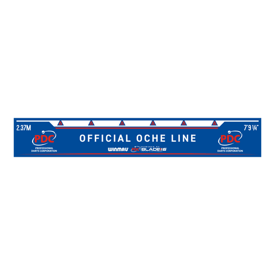 Winmau PDC throwing line Das Bild zeigt die Winmau PDC Abwurflinie in Blau mit weißer Schrift. Auf der Linie steht „OFFICIAL OCHE LINE“ sowie die Entfernungsangaben 2,37 m und 7’9 1/4’’.