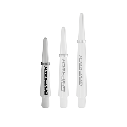 GOAT Griptech Shafts - White Das Bild zeigt drei silberne Dartschäfte in verschiedenen Längen. Auf jedem Schaft steht das Wort "GRIPTECH".