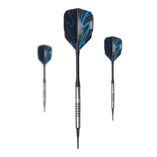 McDart 85 Tungsten V19 soft darts - 16.5g Auf dem Bild sind drei Softdarts des Modells "McDart 85er Tungsten V19" mit einem Gewicht von 16,5g zu sehen. Die Darts haben silberne Barrels und schwarze Flights mit blauen Verzierungen.