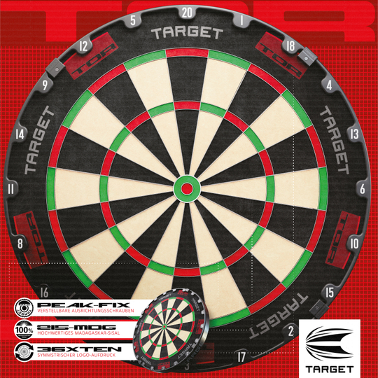 Target TOR Steel Dartboard Target TOR Steeldartboard ist als klassisches Dartboard zu sehen. Die Zahlen und Segmente sind klar sichtbar.