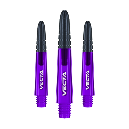 Winmau Vecta Shafts - Purple Black Auf dem Bild sind drei lilafarbene und schwarze Dartschäfte der Marke Vecta zu sehen. Die Schäfte sind 34 mm lang und werden als Set geliefert.