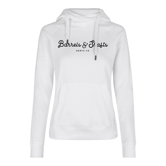 Barrels and Shafts Women's Hoodie - White Dies ist ein weißer Damen-Hoodie mit Kapuze und Kängurutasche. Auf der Vorderseite steht der Text "Barrels & Shafts Darts Co".