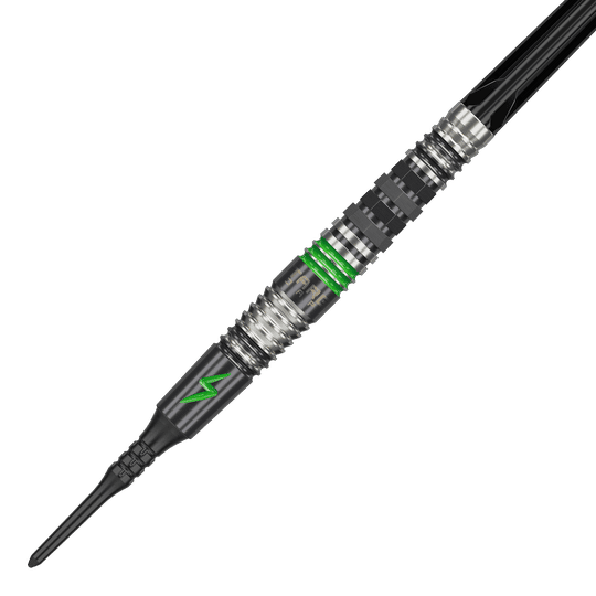 Das Bild zeigt einen Softdart namens "Target Japan Black Marque Lightning 3" mit einem Gewicht von 19g. Der Dart ist schwarz-silber mit grünen Akzenten und einem Blitzsymbol verziert.