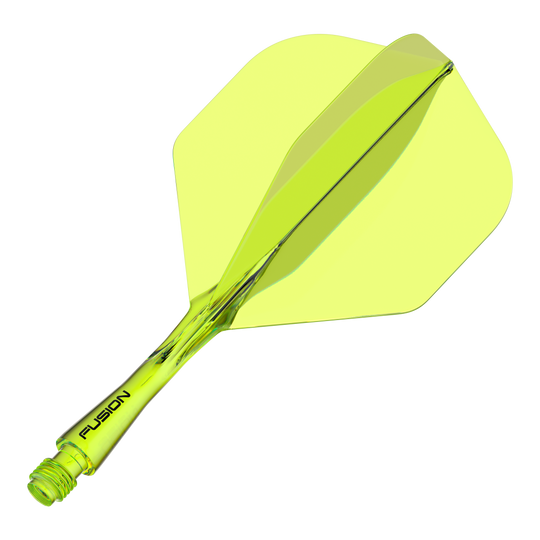 Winmau Fusion Flight Shaft System Standard Yellow Dies ist ein gelber Dartshaft mit integriertem Flight-System. Auf dem Schaft steht das Wort "FUSION" geschrieben.