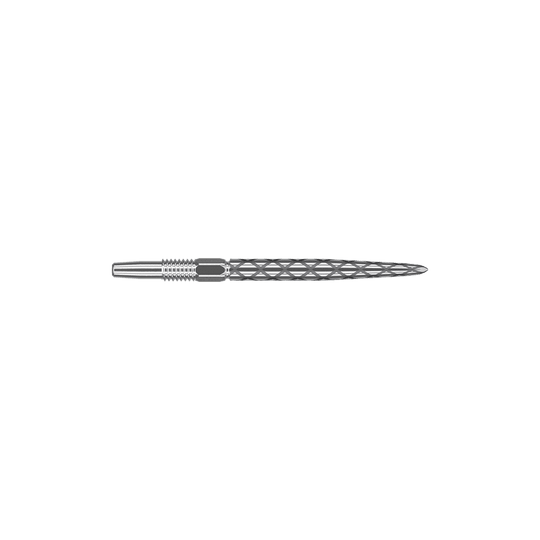 Target Swiss Diamond Pro Silver Points dart tips Das Bild zeigt eine silberne Dartspitze mit einem rautenförmigen Muster. Sie ist lang und schmal gestaltet und eignet sich für Präzisionswürfe beim Dartspiel.