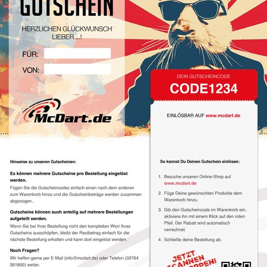 Auf dem Bild ist ein Gutschein von McDart.de mit einem coolen Hasen mit Sonnenbrille zu sehen. Rechts befindet sich ein rot hinterlegter Gutscheincode und Hinweise zur Einlösung im Online-Shop.