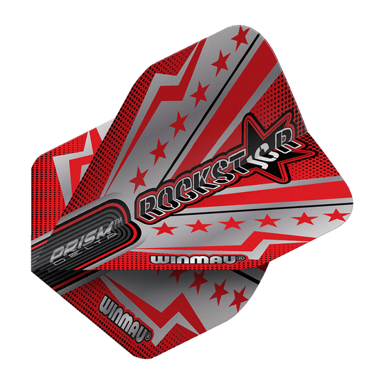 Winmau Prism Delta Joe Cullen Rockstar Series No2 Standard Flights Das Bild zeigt ein Dartflight aus der Winmau Prism Delta Joe Cullen Rockstar Series No2 Standard Flights. Das Design ist in Rot, Silber und Schwarz gehalten und zeigt Sterne sowie das Wort "Rockstar" in großer Schrift.