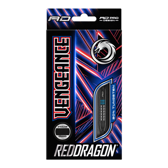 Auf dem Bild ist die Verpackung der "Red Dragon Vengeance Blue Steeldarts" zu sehen. Die Schachtel ist schwarz mit blauen und roten Akzenten und zeigt einen Dartpfeil mit dem Hinweis auf 90% Tungsten.