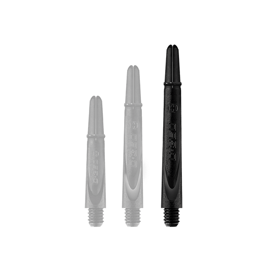 HR460_Harrows_Carbon_360_Shafts_Schwarz_49mm_1WiuwUzx0u2WRF Das Bild zeigt drei schwarze Dartschäfte aus Carbon in verschiedenen Längen. Sie stehen nebeneinander auf weißem Hintergrund.