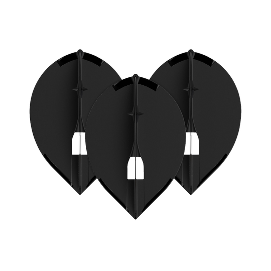 L-Style Champagne L2PRO Teardrop Flights - Black Das Bild zeigt drei schwarze L-Style Champagne L2PRO Teardrop Flights. Sie sind in einer gleichmäßigen Anordnung nebeneinander platziert.