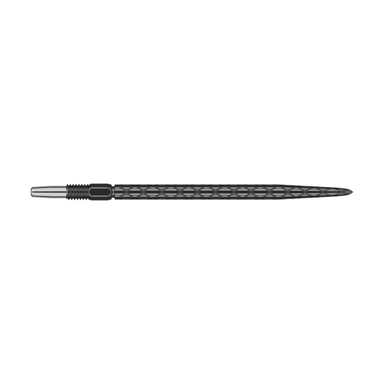 Target Swiss Diamond Pro Black Points dart tips Dies ist eine schwarze Dartspitze mit diamantförmiger Struktur. Sie ist schlank und misst etwa 40 mm in der Länge.