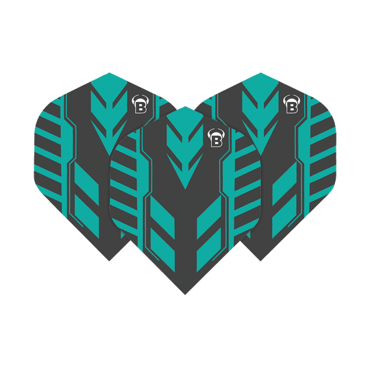 Bulls B-Star Veco No2 Standard Flights Das Bild zeigt drei schwarze Dartflights mit türkisfarbenem Pfeilmuster. Oben ist das weiße Bulls-Logo zu sehen.