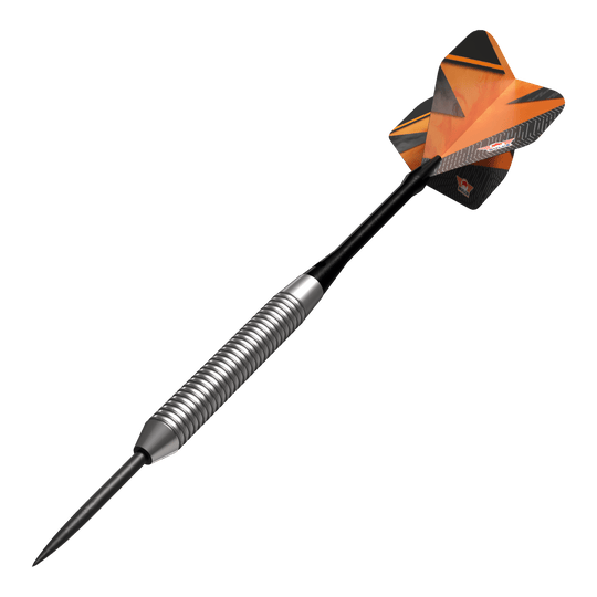 Bulls NL Lightning Orange Steel Darts Das Bild zeigt einen Bulls NL Lightning Orange Steeldart. Der Dart hat einen silbernen, gerillten Schaft und orangene Flights mit schwarzen Akzenten.