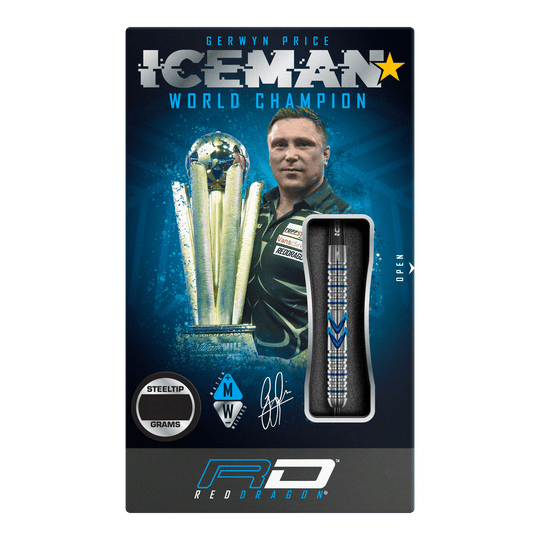 Red Dragon Gerwyn Price Iceman Midnight Edition steel darts Das Bild zeigt die Verpackung der "Red Dragon Gerwyn Price Iceman Midnight Edition Steeldarts". Auf der Verpackung ist ein Bild von Gerwyn Price mit einem Pokal und einem Steel-Dart abgebildet.