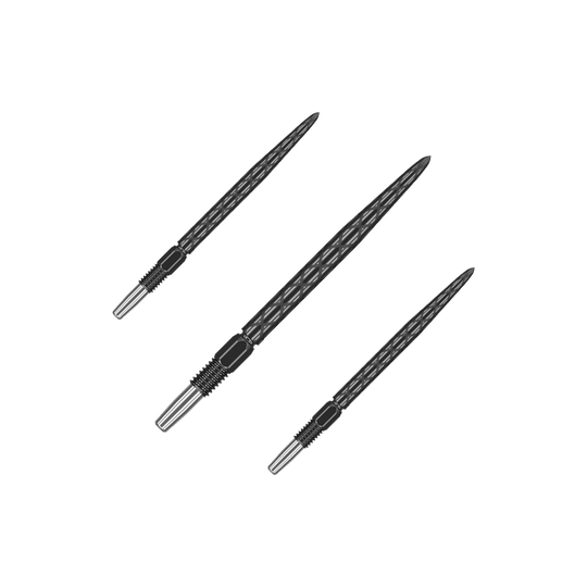 Target Swiss Diamond Pro Black Points dart tips Auf dem Bild sind drei schwarze Dartspitzen mit Diamantmuster zu sehen. Sie haben ein silberfarbenes Gewinde am Ende zum Befestigen an einem Dartpfeil.