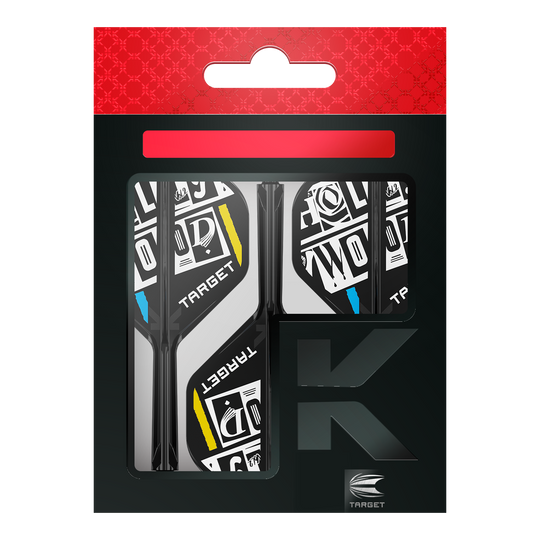 Target K-Flex Chris Dobey No2 Standard Flight Shaft System Das Bild zeigt eine Packung der "Target K-Flex Chris Dobey No2 Standard Flights". Die Flights sind schwarz-weiß mit gelben und blauen Akzenten gestaltet und befinden sich in einer schwarzen Verpackung mit rotem Aufhänger.