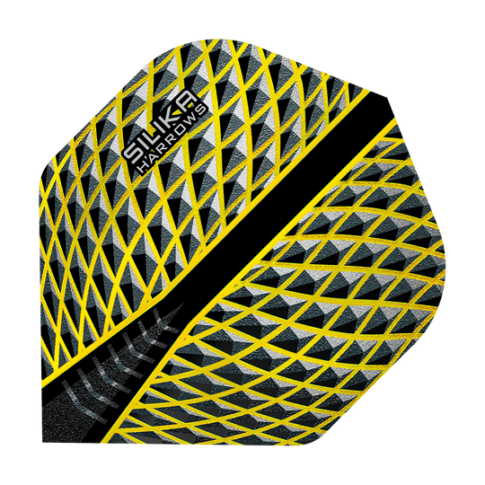 Das Bild zeigt das Produkt "Harrows Silika Yellow No2 Standard Flights". Die Dart-Flights haben ein auffälliges gelb-schwarzes geometrisches Muster.