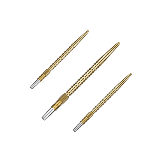 Target Swiss Point Chrono Dart Tips - Gold Das Bild zeigt drei goldfarbene Dartspitzen mit silbernem Gewinde am hinteren Ende. Sie sind gleichmäßig angeordnet und haben ein schlankes, spitzes Design.