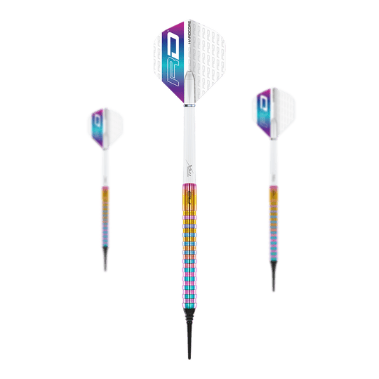 Red Dragon Javelin Spectron Soft Darts - 20g Das Bild zeigt drei Softdarts des Modells "Red Dragon Javelin Spectron" mit einem Gewicht von 20g. Die Darts haben farbenfrohe Griffe und weiße Flights mit lila und blauer Verzierung.