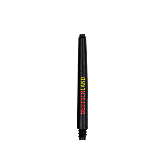 792_Nylon_Shafts_Deutschland_48mm_1sI0je99RdJHHb Das Bild zeigt einen schwarzen Nylon-Schaft mit der Aufschrift "DEUTSCHLAND" in den Farben der deutschen Flagge. Das Produkt ist für den Einsatz bei Dartpfeilen gedacht.