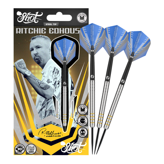 Shot Ritchie Edhouse Core Steel Darts Abgebildet sind die Shot Ritchie Edhouse Core Steeldarts in voller Ansicht. Sie überzeugen durch ihr hochwertiges Design.