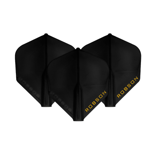 Robson Plus Flights - Standard Auf dem Bild sind drei schwarze Dart-Flights zu sehen. Auf jedem Flight steht das Wort "ROBSON" in gelber Schrift.