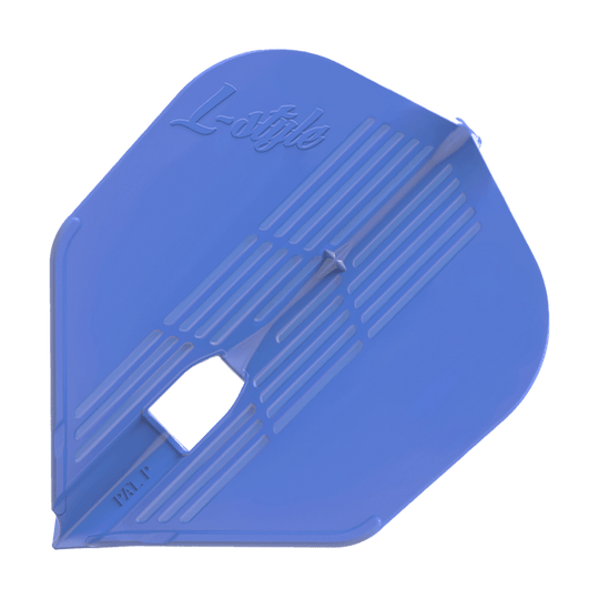 L-Style KAMI L3PRO Flights Das Bild zeigt ein blaues Dartflight mit dem Schriftzug "L-style" darauf. Das Flight hat eine eckige Form und gerillte Muster.
