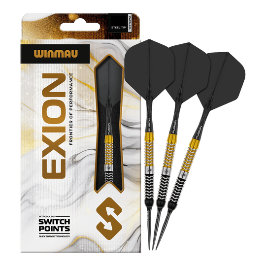 Auf dem Bild sind die Winmau Exion Parallel Switch Point Steeldarts komplett abgebildet. Die Darts eignen sich ideal für professionelle Spieler.