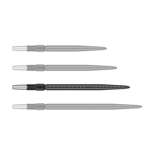 Target Swiss Point RVE dart tips - Black Auf dem Bild sind vier schwarze Dartspitzen in einer Reihe zu sehen. Jede Spitze hat ein silbernes Gewinde am linken Ende.
