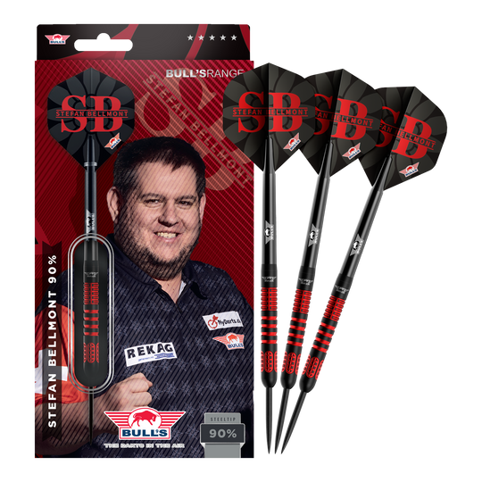 Das Bild zeigt die vollständigen Bulls NL Stefan Bellmont 90 Steeldarts 23g. Die Darts sind in einem Set abgebildet und überzeugen durch ihre Verarbeitung.