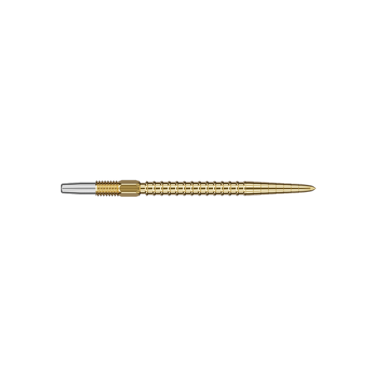 Target Swiss Point Chrono Dart Tips - Gold Auf dem Bild ist eine goldene Dartspitze abgebildet. Sie ist lang, dünn und hat ein geriffeltes Muster.