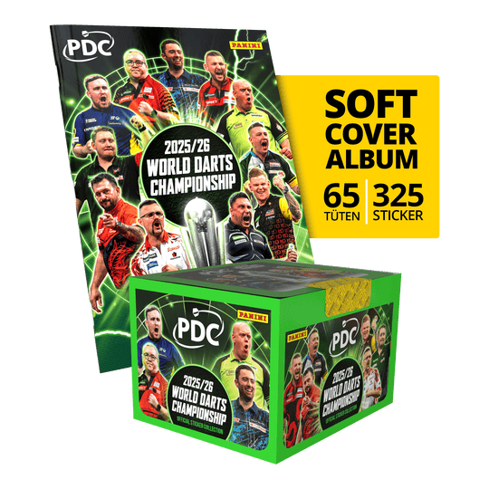 Panini PDC World Darts Championship 2025/26 - Softcover Bundle with a sticker box Das Bild zeigt das Panini PDC World Darts Championship 2025/26 Softcover Bundle mit einer Stickerbox. Dieses Bundle enthält ein Softcover-Album und eine Box voller Sticker.