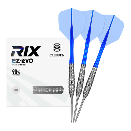 Dieses Bild zeigt die Caliburn Rix EZ-EVO R3 Steeldarts in voller Ansicht. Das Produkt ist auf Präzision und Balance ausgelegt.
