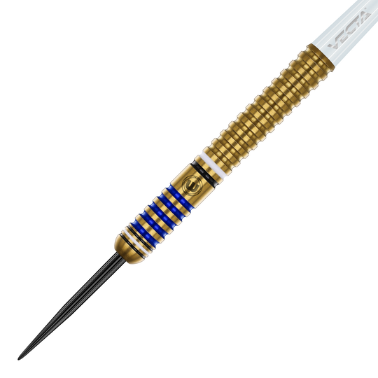 Winmau Ryan Branley Steel Darts - 23g Der Winmau Ryan Branley Steeldart mit 23g Gewicht ist auf dem Bild zu sehen. Er hat ein goldfarbenes Griffstück mit blauen und weißen Ringen und einer schwarzen Spitze.