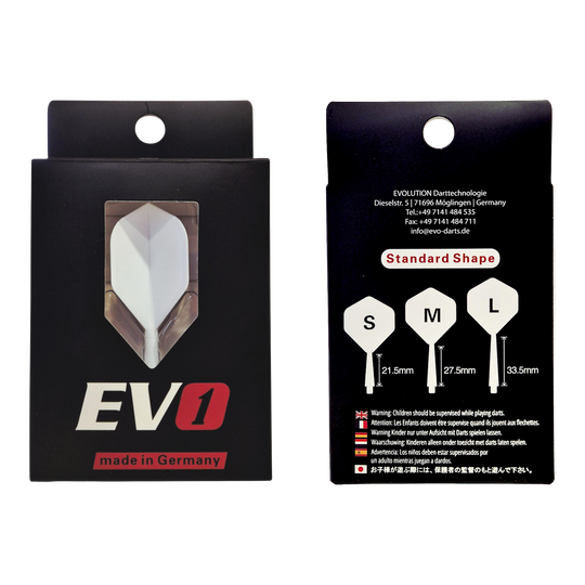 Abgebildet ist das Evolution EVO1 Flight-Shaft-System in der Farbe Weiß. Der Artikel eignet sich als hochwertiges Dartzubehör.