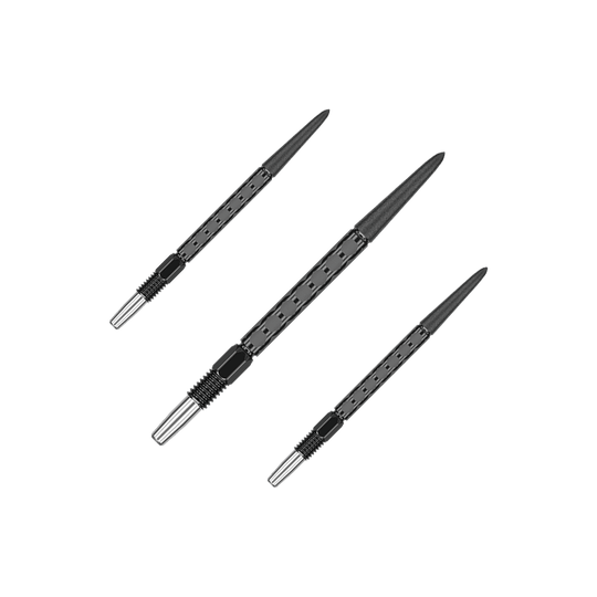 Target Swiss FLT Point Dart Tips - Black Das Dartspitzen-Set besteht aus mehreren schwarzen Spitzen. Sie sind ordentlich in Reihe ausgelegt.