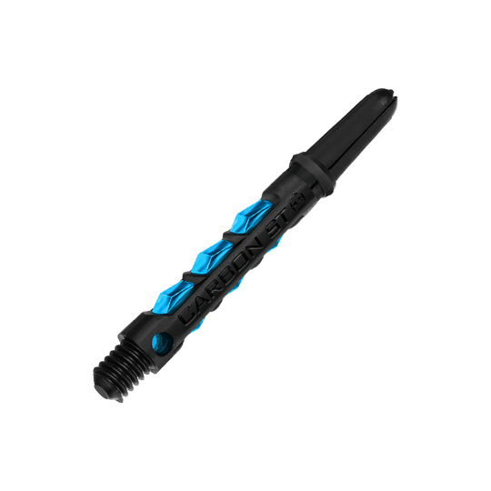 HR411_Harrows_Carbon_ST_Shafts_Aqua_40mm_2 Das Bild zeigt einen Harrows Carbon ST Shaft in der Farbe Aqua. Der Schaft ist schwarz mit blauen Akzenten und dem Schriftzug "CARBON ST".