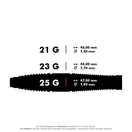Das Bild zeigt drei verschiedene Steeldarts mit den Gewichten 21 g, 23 g und 25 g. Die Maße Länge und Durchmesser sind für jedes Gewicht angegeben.