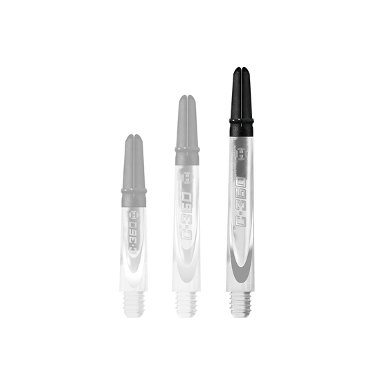 HR448_Harrows_Carbon_360_Shafts_Clear_49mm_1 Das Bild zeigt drei durchsichtige Dartschäfte mit schwarzem oberen Ende. Sie sind unterschiedlich lang und tragen die Aufschrift "C.360".