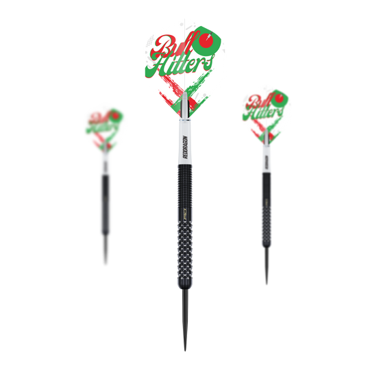 Das Bild zeigt den Red Dragon Bullhitters V1 Steeldarts - 23g als Set. Es handelt sich um Steeldarts mit einem Gewicht von 23 Gramm.