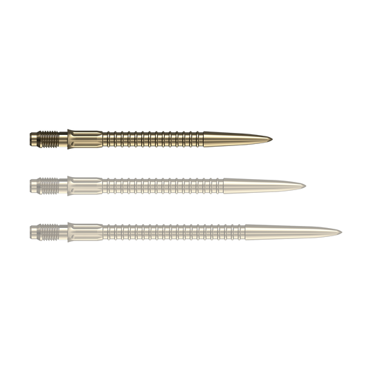 Mission R2.5 Rapid Point GV1 Dart Tips - Gold Goldene Dartspitzen liegen nebeneinander auf einer weißen Fläche. Diese Spitzen eignen sich für das Dartspiel.