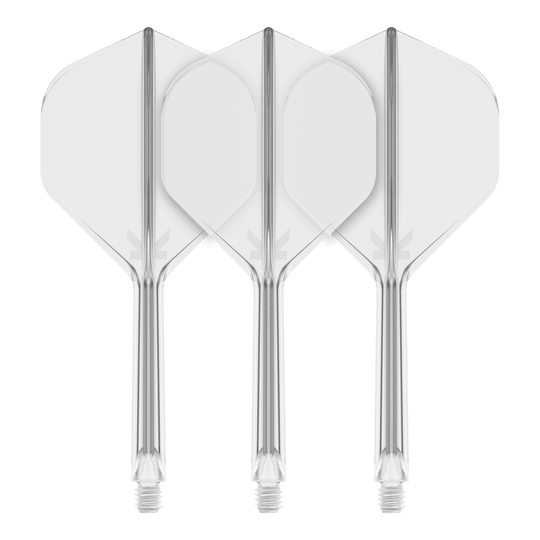 Target K-Flex No2 Standard Flight System - Clear Das Bild zeigt drei durchsichtige Dartflights mit passenden Schäften. Sie sind nebeneinander auf einem schwarzen Hintergrund angeordnet.